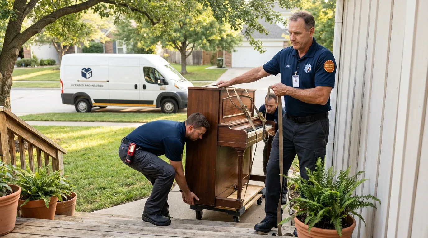 Licensed piano movers securing grand piano in Kotzebue, AK