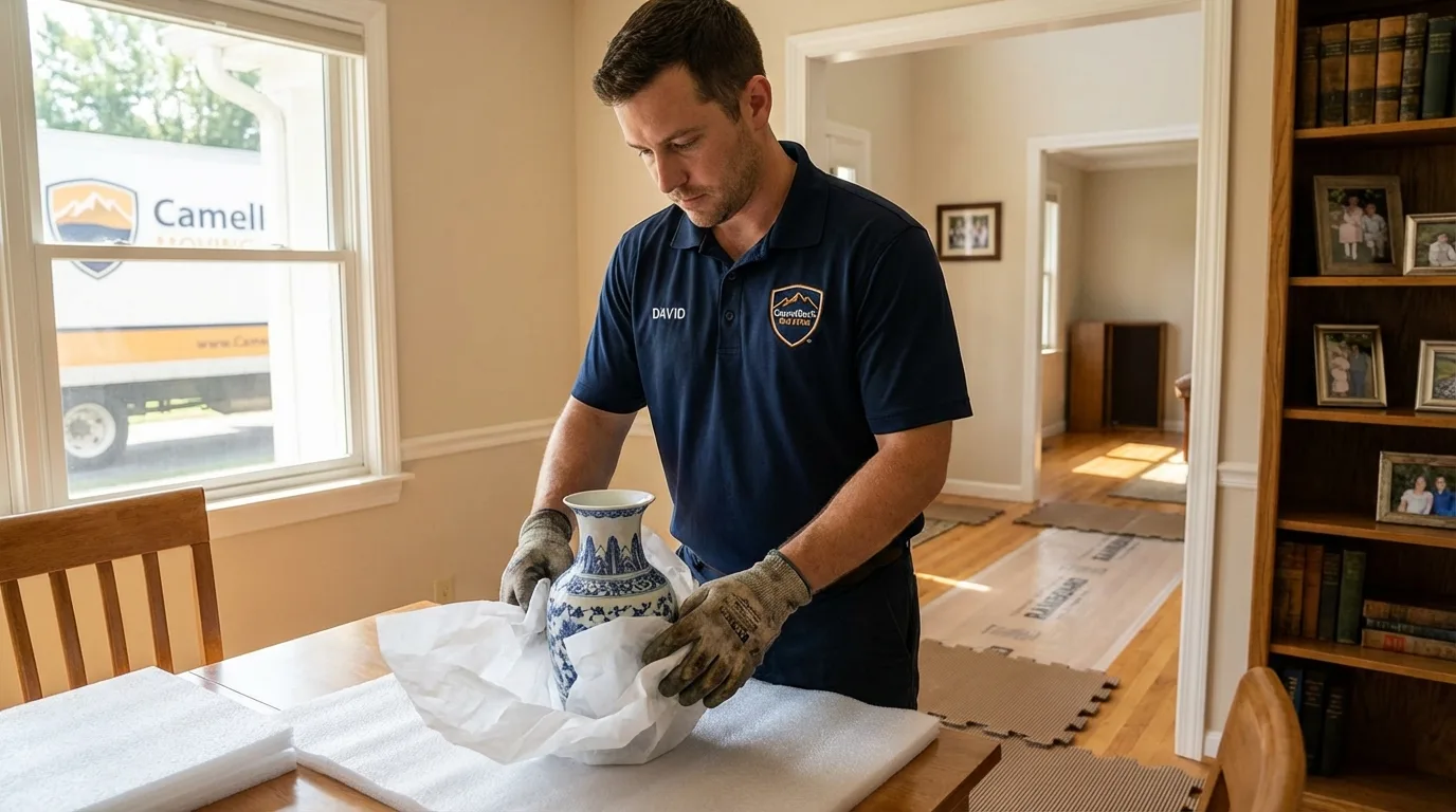 Professional crew carefully wrapping antique vase for senior downsizing move in Kotzebue, AK