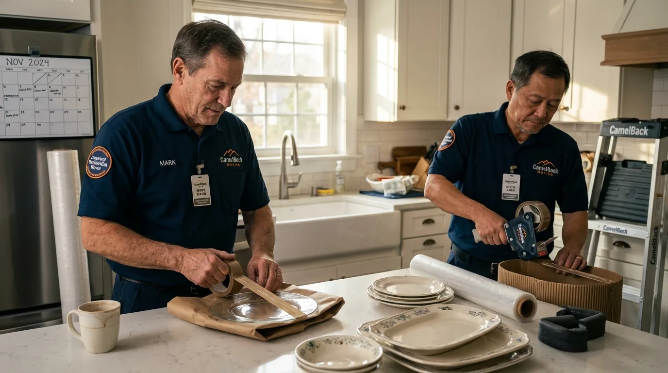 Professional crew packing kitchen dishware in Kotzebue, AK